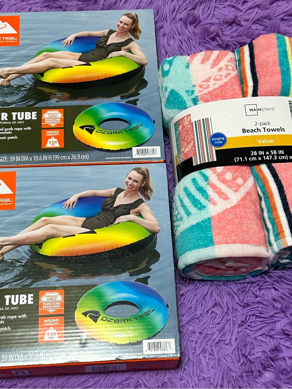 Ozark Trail Rainbow Inflatable River Tube - Green/Blue/Yellow and 2 beach towels